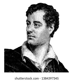 Lord Byron (George Gordon Noel), 1788-1824, he was an English poet, politician, and a leading figure in the romantic movement, famous as one of the greatest British poets, vintage line drawing