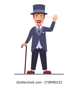 lord in the cylinder and a cane in his hand. 19th century English dandy. Flat character vector illustration.