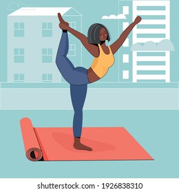 Lord of the Dance Pose. Yoga, meditation practices.Vector illustration in flat style. Girl doing yoga on the urban background. Stretching exercises. Healthy Lifestyle. Fitness for youth and beauty. 