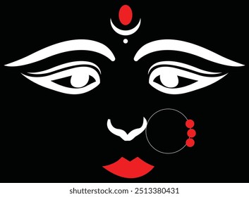 Lorde Durga face ícone do vetor. Festival indiano de Navratri Dussehra, maa Durga face sketch isolado no fundo preto.Maa Durga Trinayon In Durga puja realizada durante Navaratri.