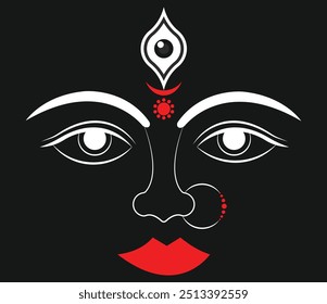 Lord Durga face vector icon. Navratri Dussehra Indian festival, maa Durga face sketch isolated on Black background.Maa Durga Trinayon In Durga puja held during Navaratri.