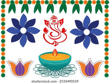 Lord Ganesh with Wishes for Ganesh Chaturthi and Diwali, Featuring Diyas, Flowers, and Garlands Graphics, Festive Design Perfect for Celebrating Both Festivals and Decorations