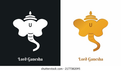 Lord Ganesha Black- white and golden logo icon vector illustration. Hindu festival Ganapati, Vinayaka hand drawn isolated symbol, sign and motif. Digital Graphic for Traditional India culture concept 