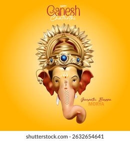 Lord Ganesha coroou a ilustração da cabeça com fundo amarelo vibrante Ganpati Bappa Morya e feliz Ganesh Chaturthi saudação para o festival hindu e tradição indiana