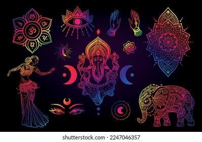 lord Ganesha, Elephant, Dance, Moon, On, Hand. India set. God with elephant head. vector Illustration. Mandala, medallion, yoga, Golden