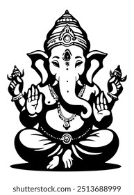 Lord Ganesha for Ganesh Chaturthi. Black and white isolated vector illustration.