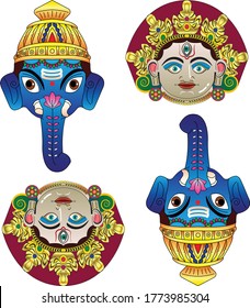 Lord Ganesha and godess Durga (paper mache) mask. It can be used for a coloring book, textile/ fabric prints, phone case, greeting card. logo, calendar. In Kalamkari /Madhubani style