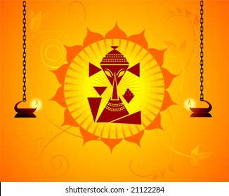 Lord Ganesha in golden  frame with hanging lamp	