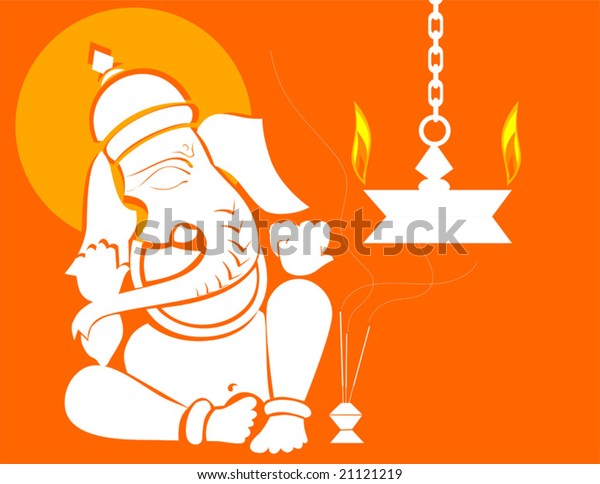 Lord Ganesha in golden frame with hanging lamp 