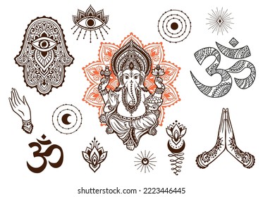 lord Ganesha, Hamsa, Moon, On, Hand. India set. God with elephant head. vector Illustration of Happy Ganesh Chaturthi. Mandala, medallion, yoga,