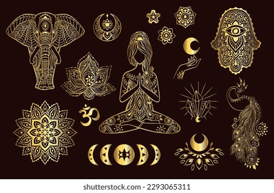 lord Ganesha, Hamsa, Moon, On, Hand. India set. God with elephant head. vector Illustration of Happy Ganesh Chaturthi. Mandala, medallion, yoga, gold