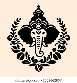 Lord Ganesha from Hindu Indian culture, depicted as a black silhouette featuring an elephant head, traditional ornate details, and a completely black design. Perfect for cultural themes, identity logo