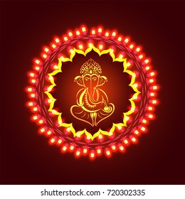 Lord Ganesha in illuminated, floral lighting frame for Diwali festival.