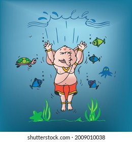 Lord Ganesha Immersion. A Funny Cartoon Of Lord Ganesha Drive In To Water. Happy Good Bye To Lord Ganesha. 