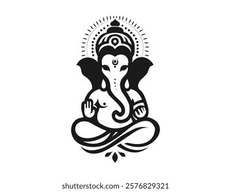 Lord Ganesha Mandala  Intricate black and white illustration of Lord Ganesha in a meditative pose, surrounded by a mandala-style design.  The image is rich in detail and symbolic meaning. 