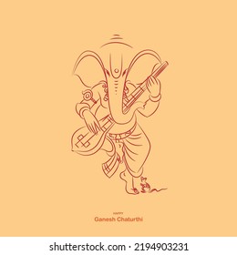 lord ganesha with musical instrument line drawing illustration