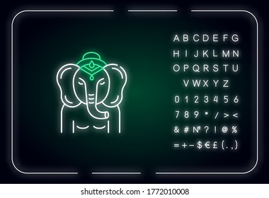 Lord Ganesha neon light icon. Supreme deity in Hindu pantheon. Indian religion. Ancient tradition. Outer glowing effect. Sign with alphabet, numbers and symbols. Vector isolated RGB color illustration