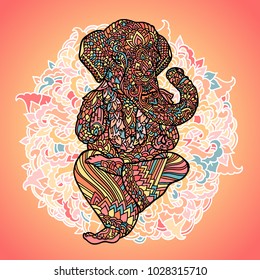 Lord Ganesha on indian mandala background. Asian pattern with leaves and flowers. Yoga style print. Colorful vector illustration.