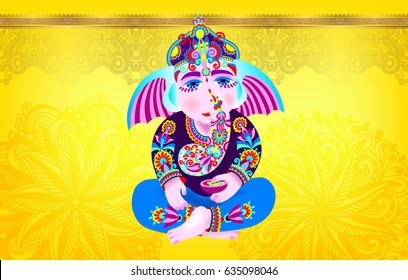 Lord Ganesha on yellow luxury background with place for your text, vector illustration for for indian Ganesh Chaturthi holiday