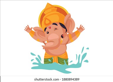 Lord Ganesha is playing in the water. Vector graphic illustration. Individually on white background.
