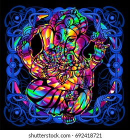 The Lord Ganesha is a psychedelic painting in a retro style. Popular vintage graphics postcard and posters from the 1960s to the 1980s. Art Nouveau and Hippie art. Goa trance art. Design of T-shirts