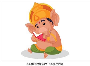 Lord Ganesha is reading a book. Vector graphic illustration. Individually on white background.