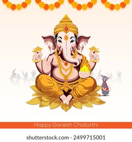 Lord Ganesha seated on a lotus holding a modak and blessing with his other hand A garland of flowers adorns the top while people celebrate in the background Mushika his mouse companion is at his feet