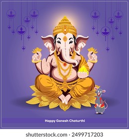  Lord Ganesha seated on a lotus adorned with a crown necklaces bracelets He holds a modak in one hand and blesses with the other Diyas hang in the background with Mushika at his feet 