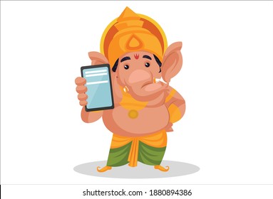 Lord Ganesha is showing a mobile phone. Vector graphic illustration. Individually on white background.