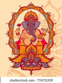 Lord Ganesha sitting in lotus and royal indian style ornament, can be used as card for celebration Ganesh Chaturthi, vector illustration