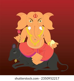 Lord Ganesha sitting on mouse holding tusk in one hand and Indian sweet sweet in other hand against brown color.