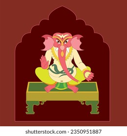 Lord Ganesha sitting on plank holding tusk in one hand and Indian sweet sweet in other hand against arch in maroon color.