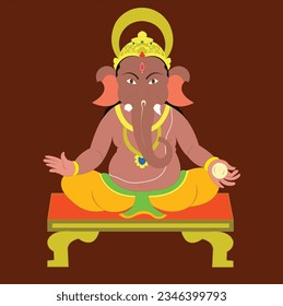 Lord Ganesha sitting on red plank with Indian sweet in his hand on brown color background.