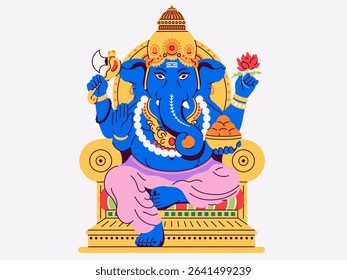 Lord Ganesha sitting on throne. Indian God of Hindu. Symbol of wisdom and prosperity. Lotus pose meditation. Vector illustration. Traditional Chaturthi festival of India.