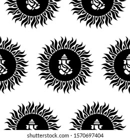 Lord Ganesha surrounded by sun flames is in Seamless pattern