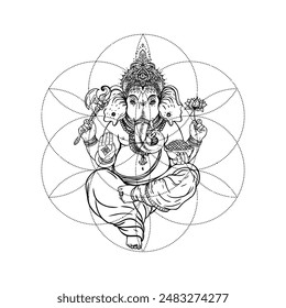 Lord Ganesha tattoo design over Seed of Life sacred geometry symbol. Ancient geometric spiritual symbol. Flower of Life. Black and white vector illustration.