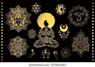 lord Ganesha, Yoga Pose, Lotus, Chakra, Moon, On, Hand. India set. God with elephant head. Vector Illustration of Happy Ganesh Chaturthi. Mandala, medallion, yoga, gold