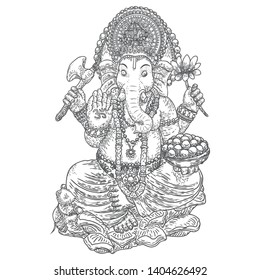 Lord Ganpati or Ganesha. Hand drawn.  Vinayaka Chaturthi or Vinayaka Chavithi is a Hindu festival celebrating the birth of Ganesha. Classic vision design. Vector.