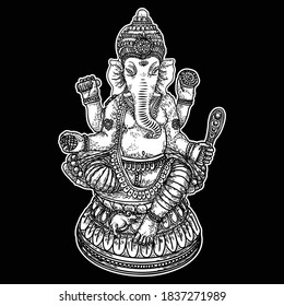 Lord Ganpati or Ganesha. Hand drawn.  Vinayaka Chaturthi or Vinayaka Chavithi is a Hindu festival celebrating the birth of Ganesha. Classic vision design. Vector.