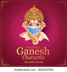 Lord Ganpati on Ganesh Chaturthi background. vector illustration. corona virus covid-19 concept