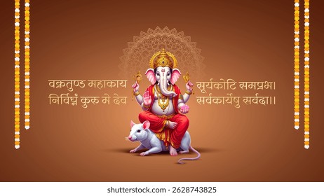 Lord Ganpati on Ganesh Chaturthi background. abstract vector illustration design background. Lord Ganesh Mantra in sanskrit. Translation-Oh god with a curved trunk, the large body whose aura is...