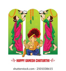 Lord Ganpati in vector for Happy Ganesh Chaturthi festival celebration of India with women celebrating dhol Tasha