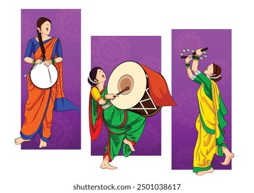 Lord Ganpati in vector for Happy Ganesh Chaturthi festival celebration of India with women celebrating dhol Tasha