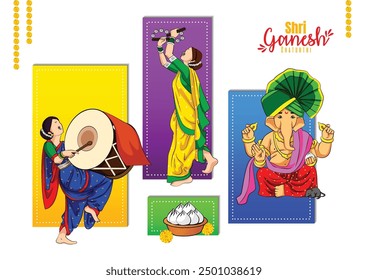 Lord Ganpati in Vektor für Happy Ganesh Chaturthi Festival Feier von Indien mit Frauen feiern Dhol Tasha