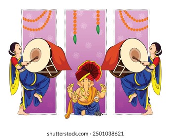 Lord Ganpati in vector for Happy Ganesh Chaturthi festival celebration of India with women celebrating dhol Tasha