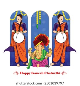 Lord Ganpati in vector for Happy Ganesh Chaturthi festival celebration of India with people celebrating dhol tasha