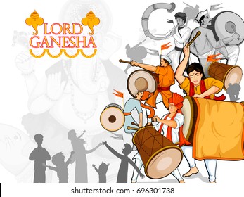 Lord Ganpati in vector for Happy Ganesh Chaturthi festival celebration of India with people celebrating dhol tasha