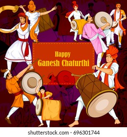 Lord Ganpati in vector for Happy Ganesh Chaturthi festival celebration of India with people celebrating dhol tasha