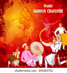 Lord Ganpati in vector for Happy Ganesh Chaturthi festival celebration of India with people celebrating dhol tasha