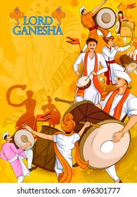 Lord Ganpati in vector for Happy Ganesh Chaturthi festival celebration of India with people celebrating dhol tasha